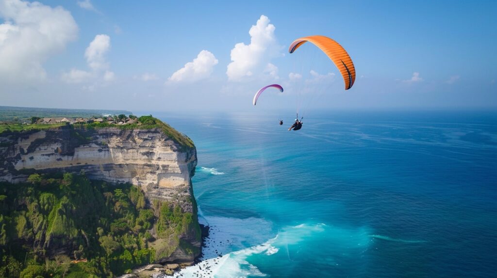 Couple paragliding over Uluwatu with stunning ocean views and dramatic cliffs