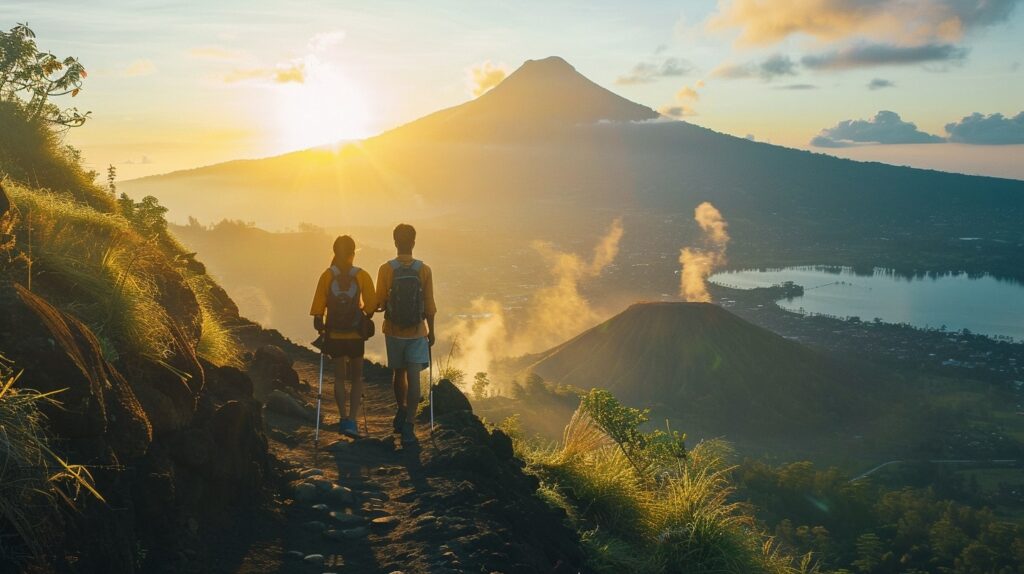 Couple hiking up Mount Batur at sunrise with breathtaking views of Bali's landscape