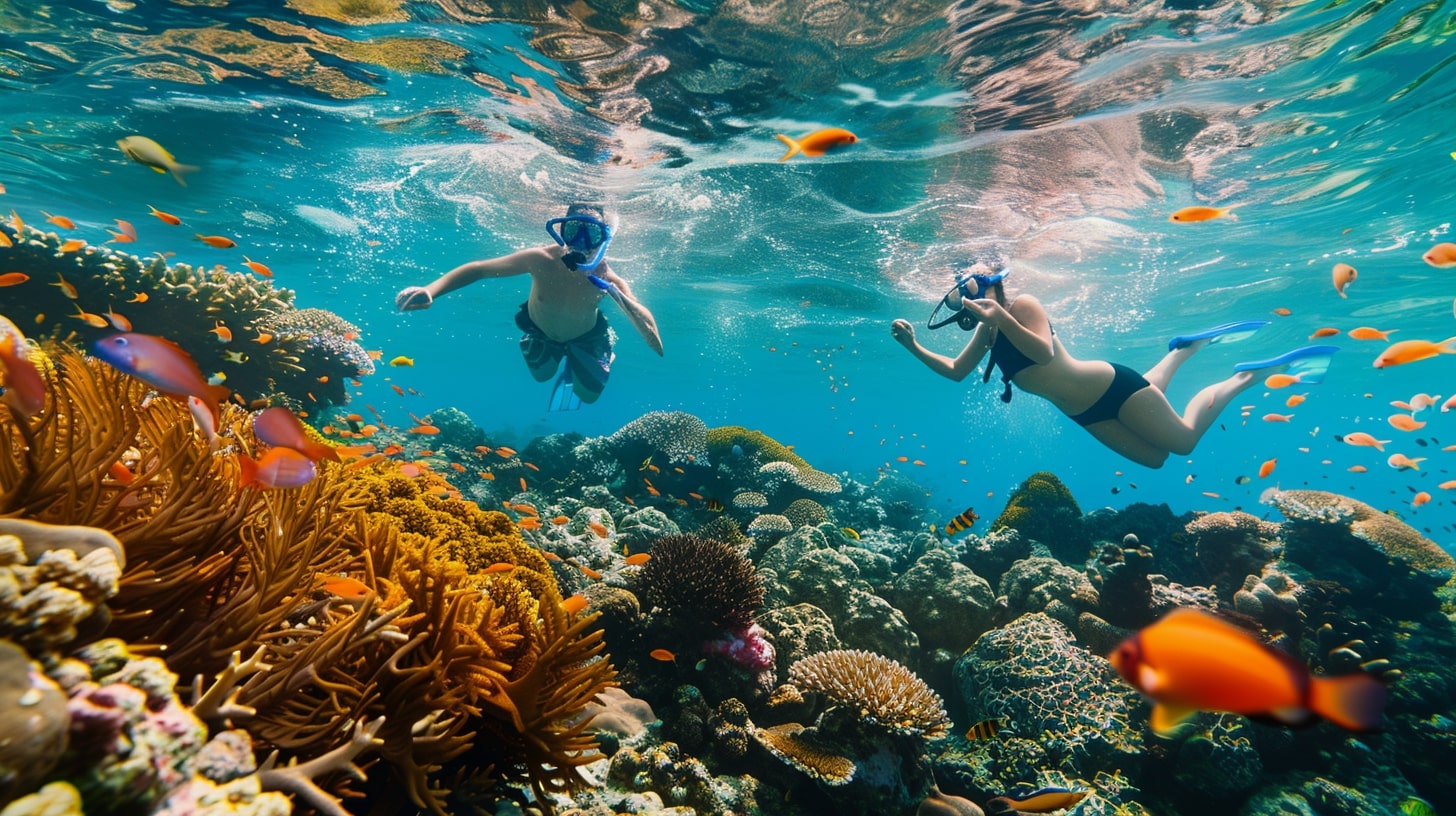 Couple snorkeling in the Coral Triangle, surrounded by vibrant marine life and clear waters