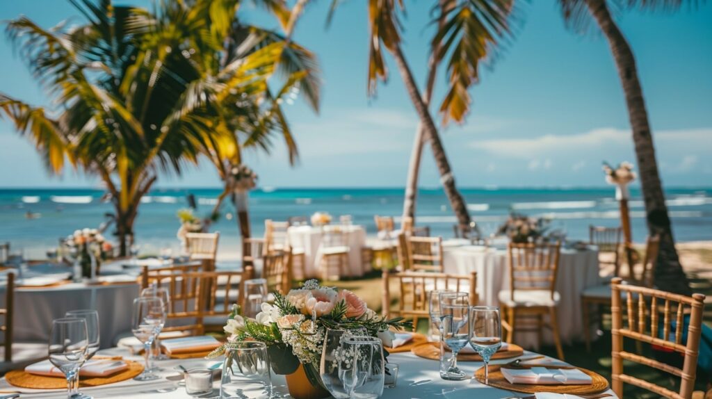 Summer wedding setup on a beachside property with an ocean view at an all-season private home wedding venue.