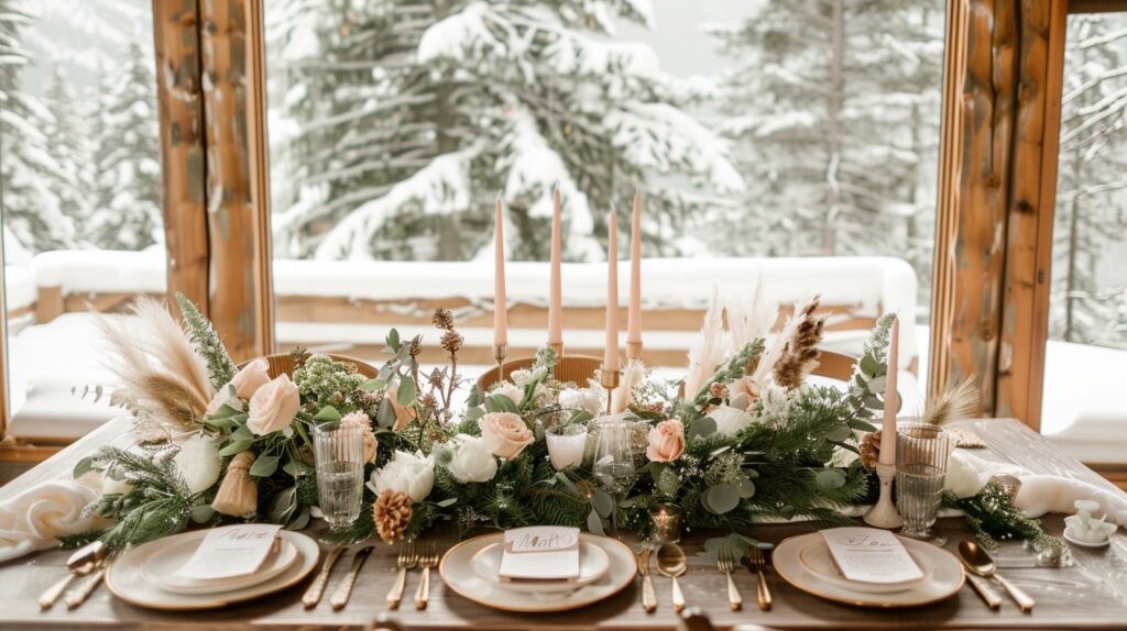 Cozy winter wedding setup with a snowy backdrop at an all-season private home wedding venue.