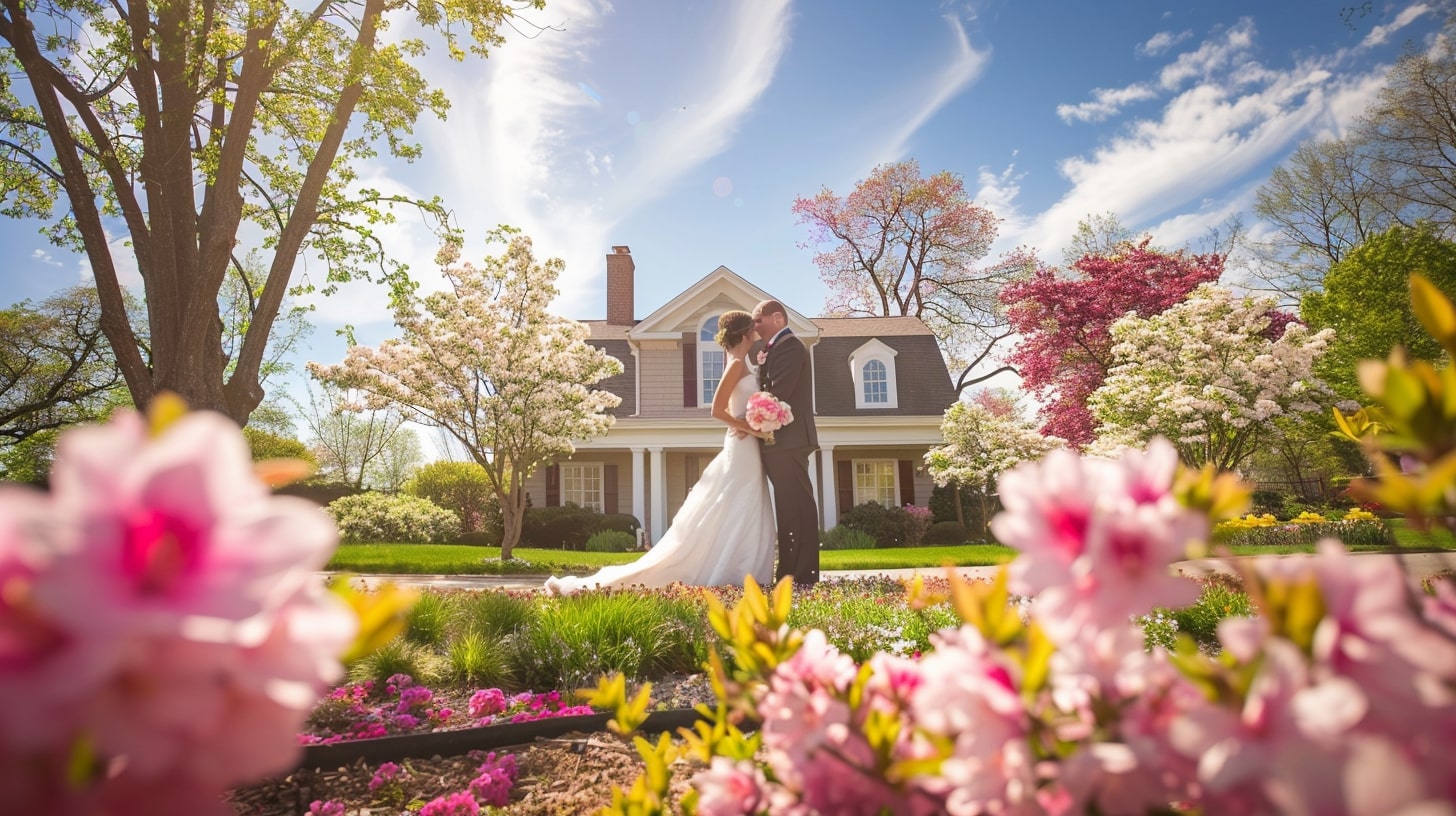 Vibrant spring wedding in a blooming garden at an all-season private home wedding venue.