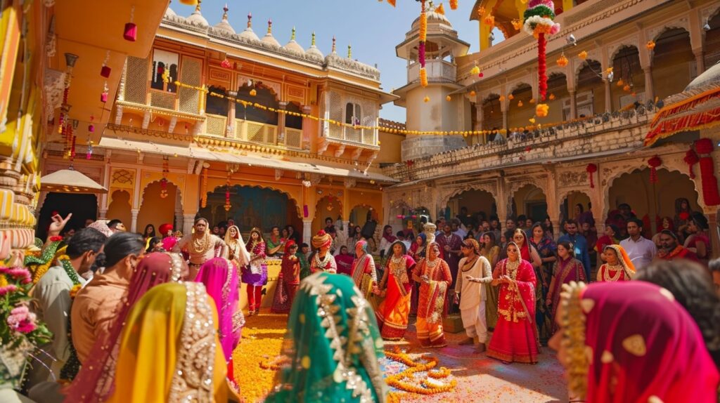 Colorful and festive wedding scene at Udaipur Palace with vibrant decorations and traditional Rajasthani dancers