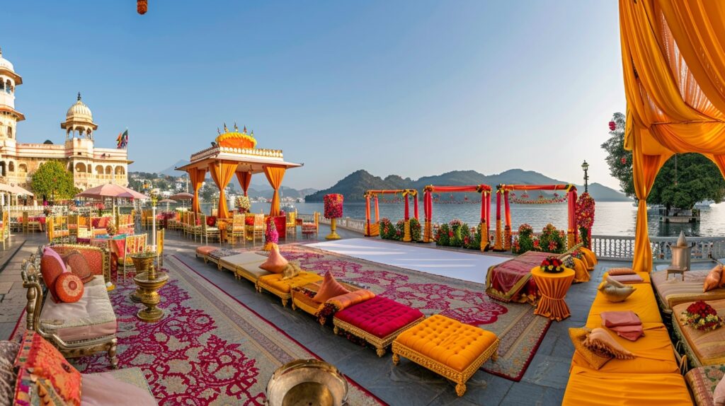 Grand wedding ceremony at the Lake Palace in Udaipur, India, with vibrant decor and a scenic view of Lake Pichola