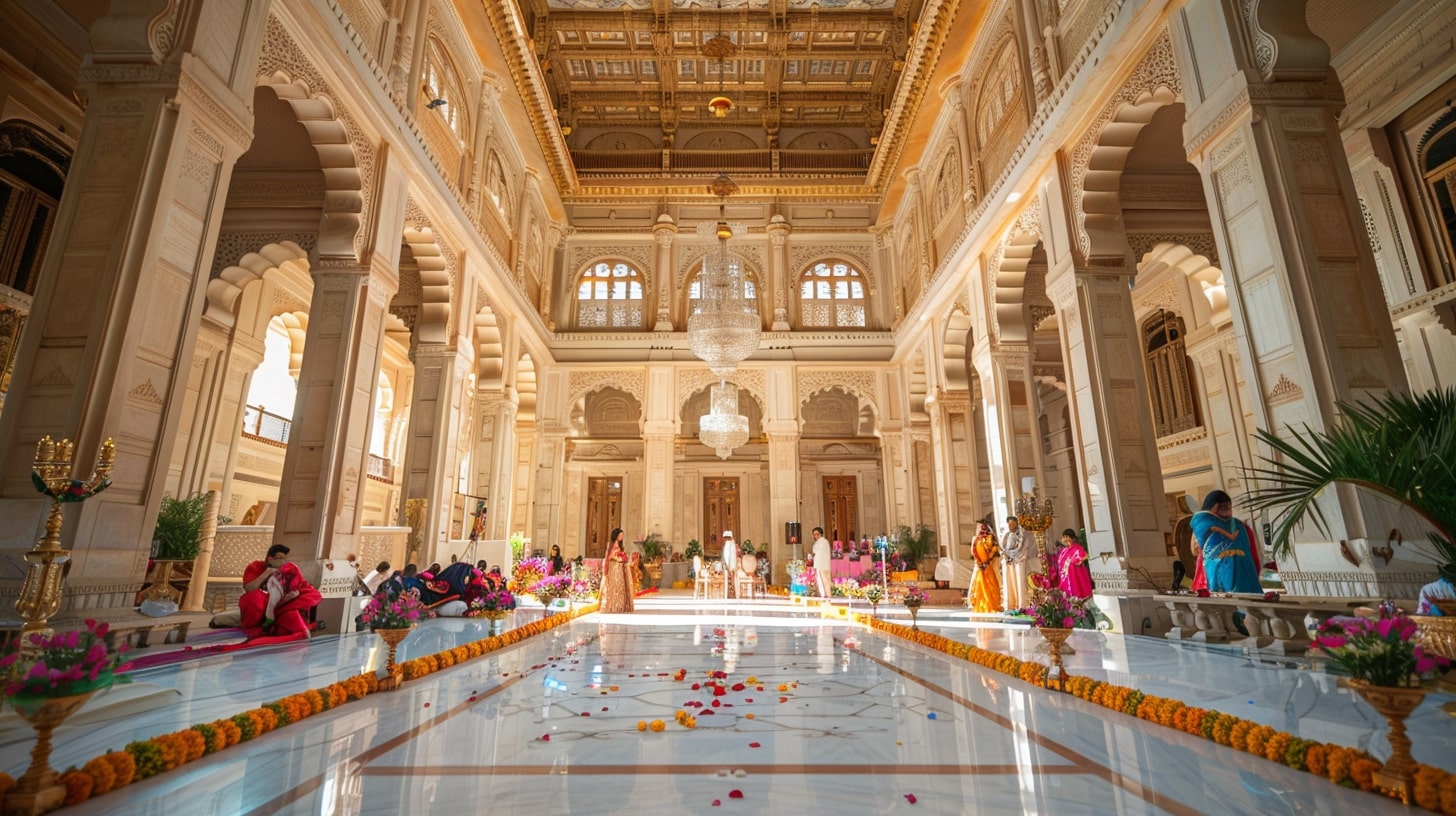 A grand wedding ceremony inside Umaid Bhawan Palace in Jodhpur, with bright lighting, elaborate decor, and the couple in traditional attire, a stunning Indian destination wedding