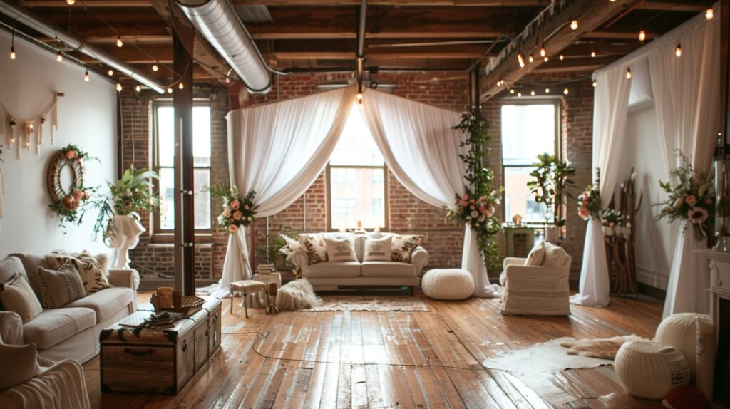 Cozy urban loft with chic wedding decorations as a budget-friendly private home wedding venue.