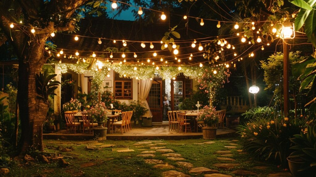 Charming bungalow with a sophisticated wedding setup for a budget-friendly private home wedding.