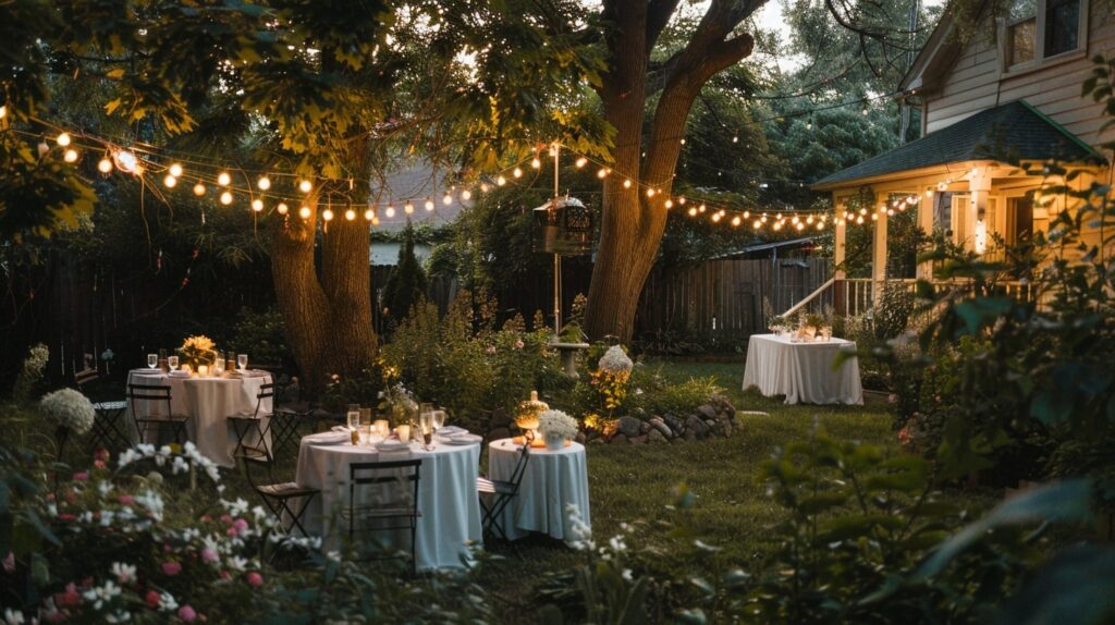 Backyard reception with string lights and an intimate ambiance for a close-knit private home wedding.