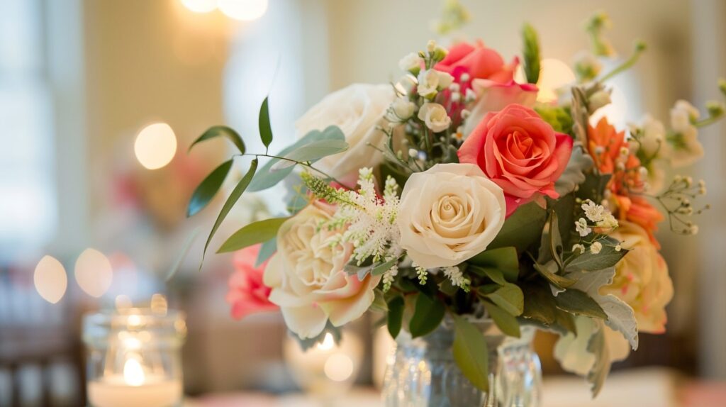 Living room wedding with DIY floral arrangements for a personalized private home wedding venue.