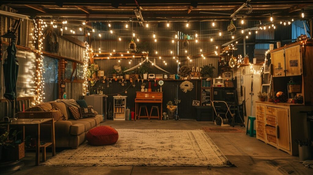 Garage transformed into a wedding venue with DIY decor for a private home wedding.