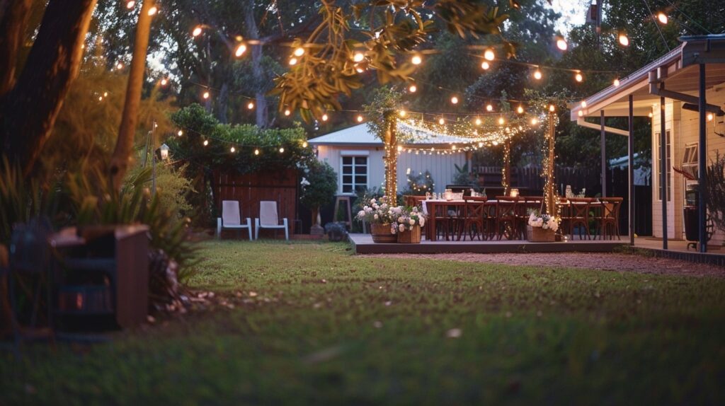 Backyard setup for a wedding with a decorated arch and fairy lights at a private home wedding.