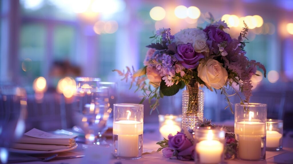 Dining area turned into a reception venue with floral centerpieces and candles at a private home wedding.