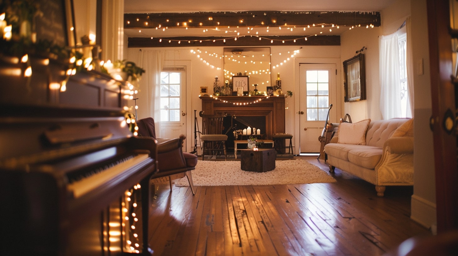 Bride and groom in their wedding venue at a private home wedding.