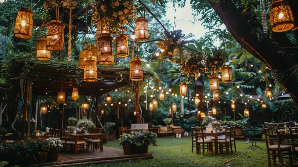 Rustic-themed garden wedding with wooden decor at a private home wedding venue.
