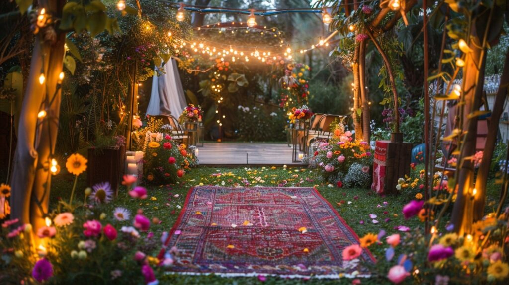 Whimsical garden wedding with colorful flowers and fairy lights at a private home wedding venue.