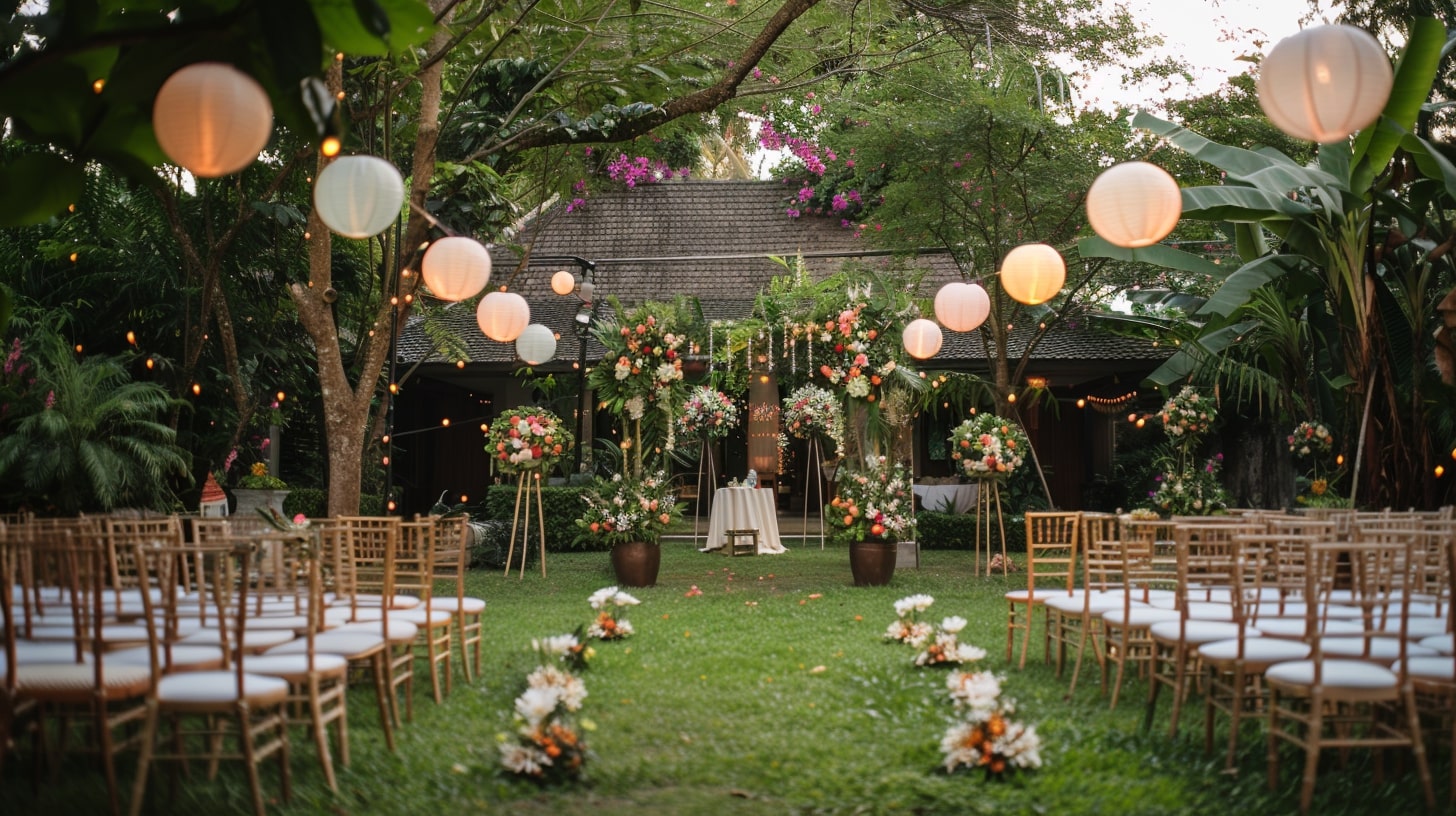 Beautifully themed garden wedding at a private home wedding venue with floral decorations.