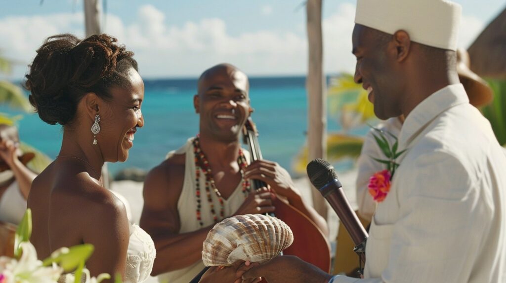 Couple exchanging vows at a luxurious Turks and Caicos resort with a conch shell ceremony and local musicians