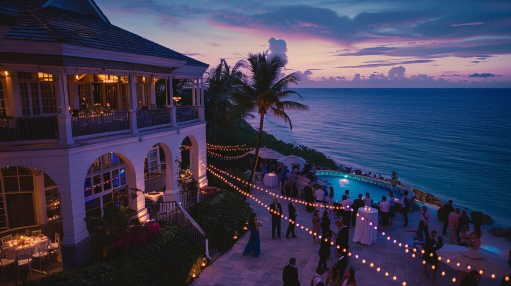 Aerial view of a wedding reception at The Shore Club in Turks and Caicos with elegant decor and ocean view
