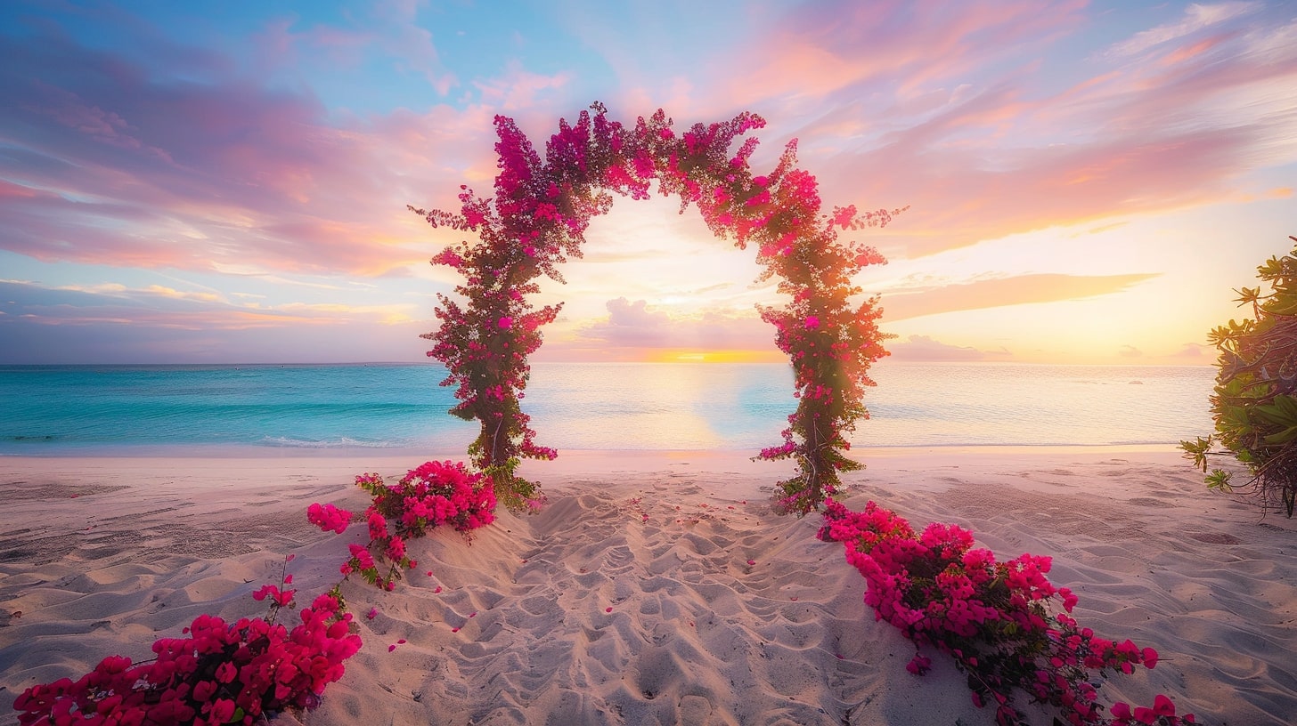 Glamorous Turks and Caicos destination wedding on Grace Bay Beach with a bougainvillea flower arch and turquoise waters