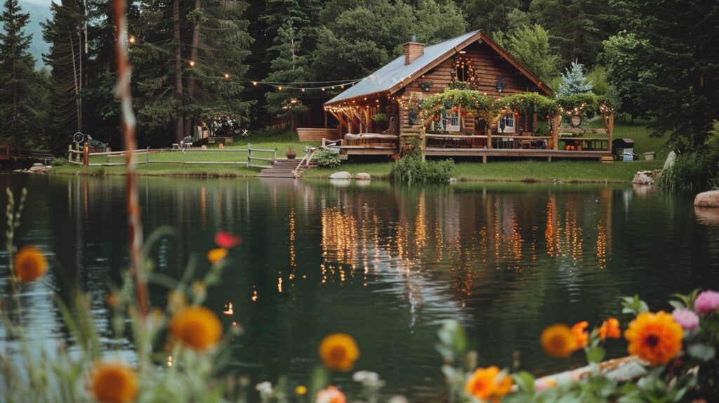 Rustic wooden cabin by a serene lake set up for a hidden gem private home wedding.