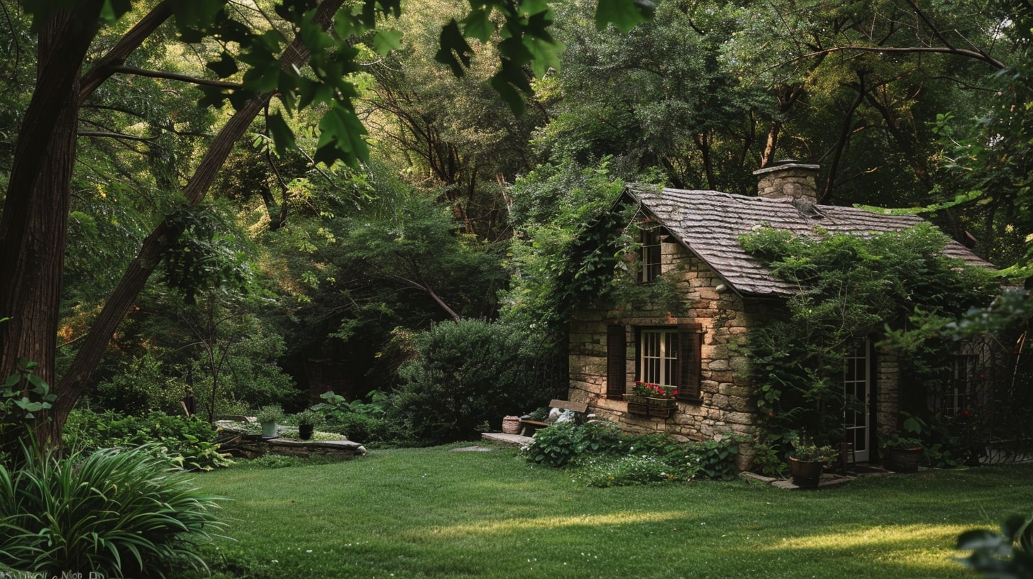 Hidden gem private home wedding venue in a quaint stone cottage surrounded by lush greenery.