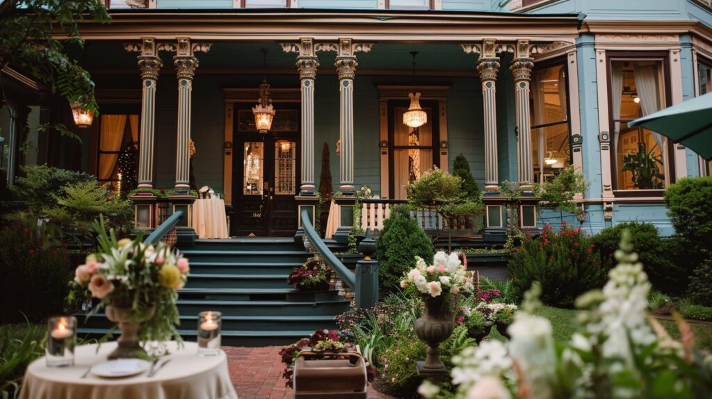 Victorian mansion with period-appropriate wedding decorations at a private home wedding venue.
