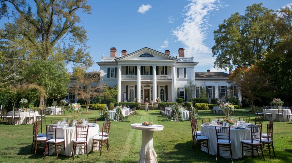 Antebellum estate with a grand wedding setup on the lawn at a private home wedding venue.