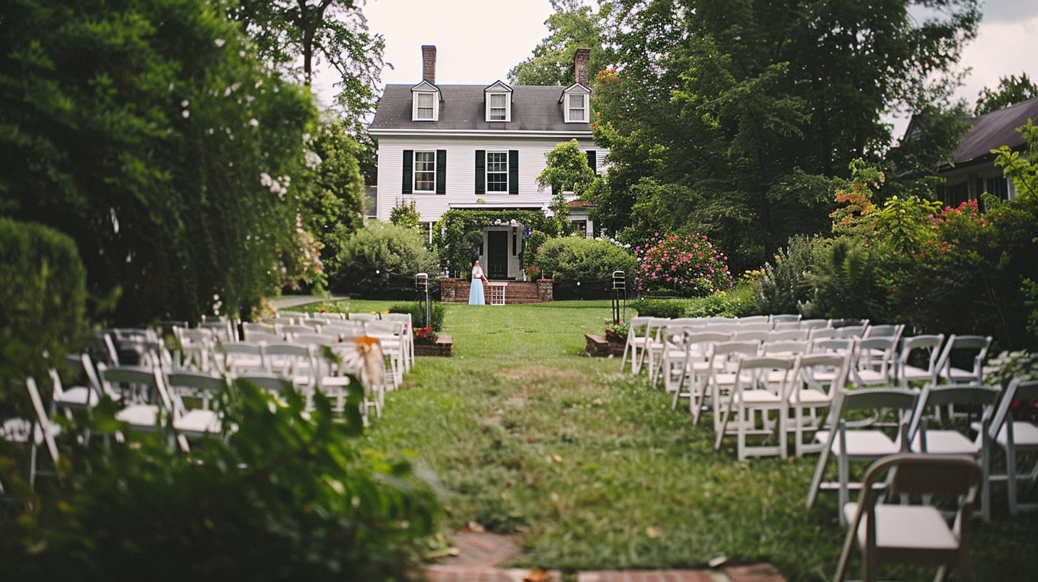 Historic colonial-era home with a charming wedding setup at a private home wedding venue.