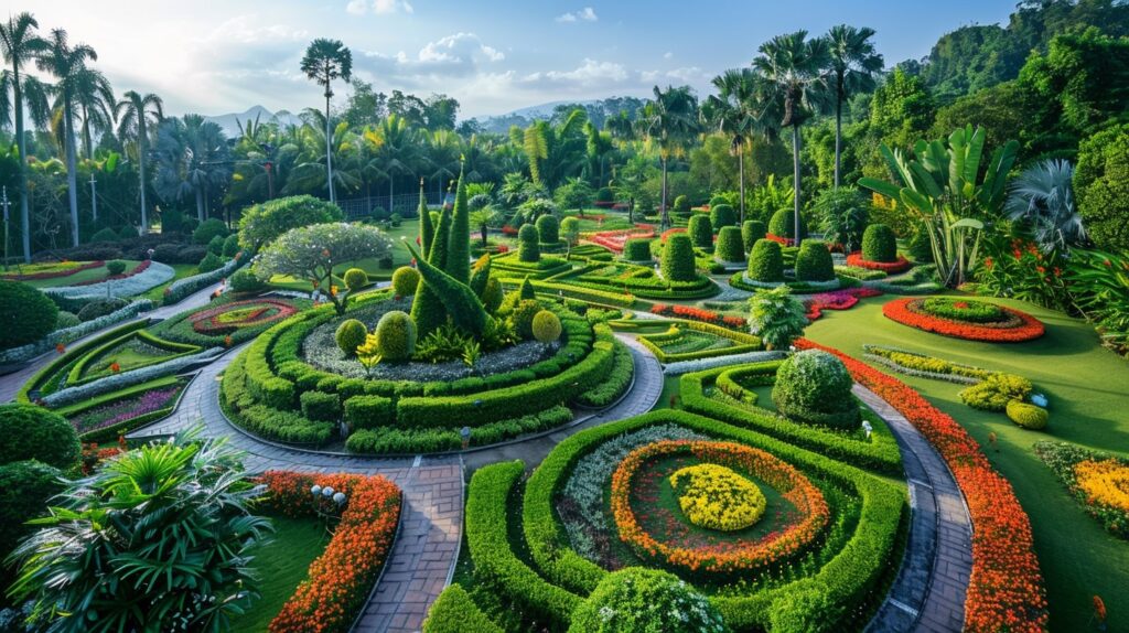 Nong Nooch Tropical Garden wedding setting with lush greenery, vibrant flowers, and intricate garden designs.
