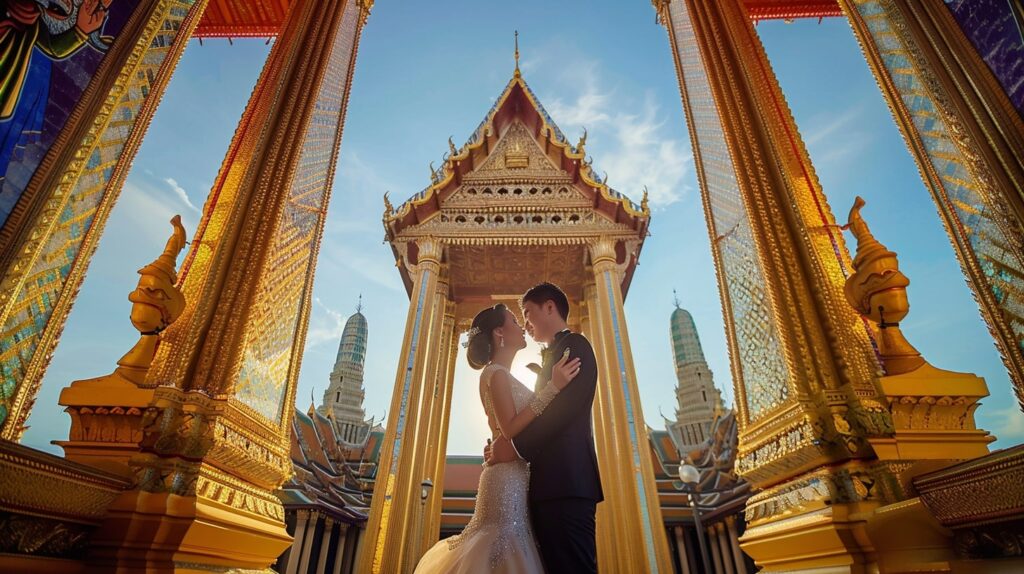 A wedding photoshoot at the Grand Palace in Bangkok, featuring the couple in traditional Thai attire with golden temple structures.
