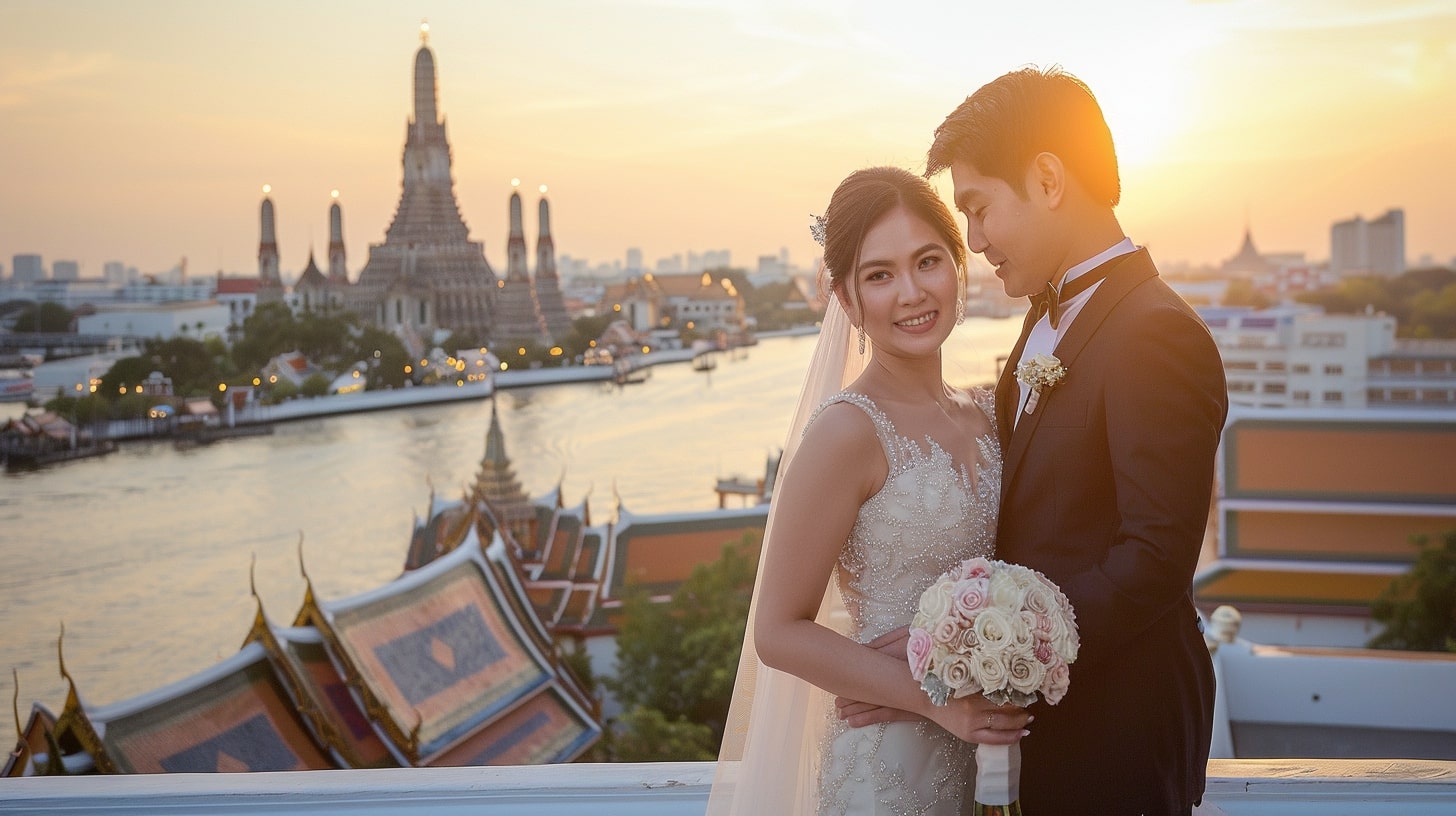 A couple in wedding attire posing at Wat Arun, Temple of Dawn in Bangkok, with the Chao Phraya River in the background.