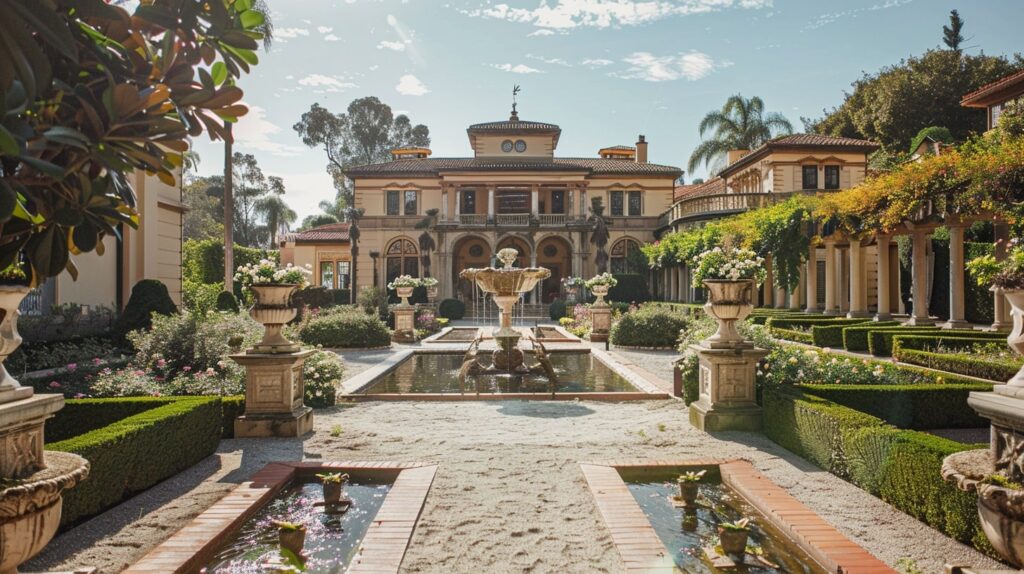 Grand estate with a luxurious wedding setup at a private home wedding venue.