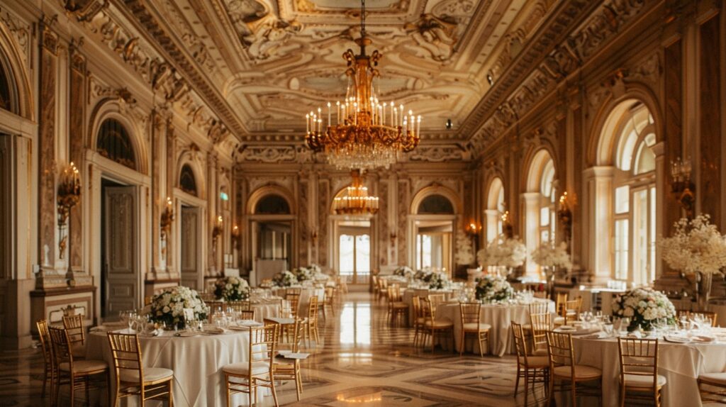 Magnificent mansion with a decorated ballroom for a wedding at a private home wedding venue.