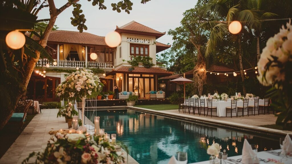 Elegant villa with a lavish outdoor wedding setup at a private home wedding venue.