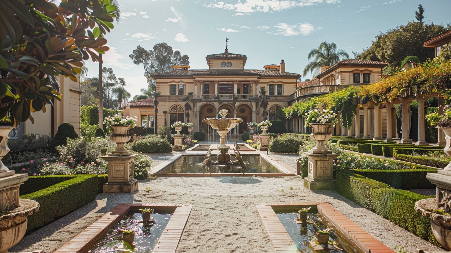 Grand estate with a luxurious wedding setup at a private home wedding venue.