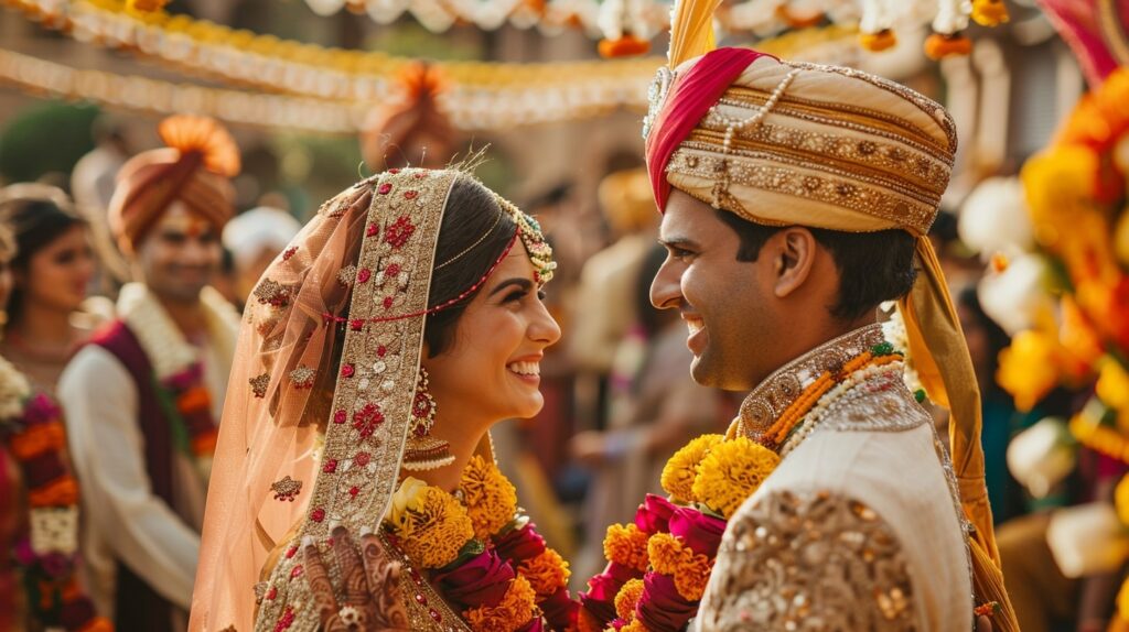 Couple in Indian lehenga and sherwani at a vibrant wedding ceremony in Jaipur, India