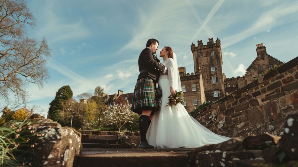 Bride and groom in Scottish kilt and gown at a picturesque castle wedding in Edinburgh, Scotland