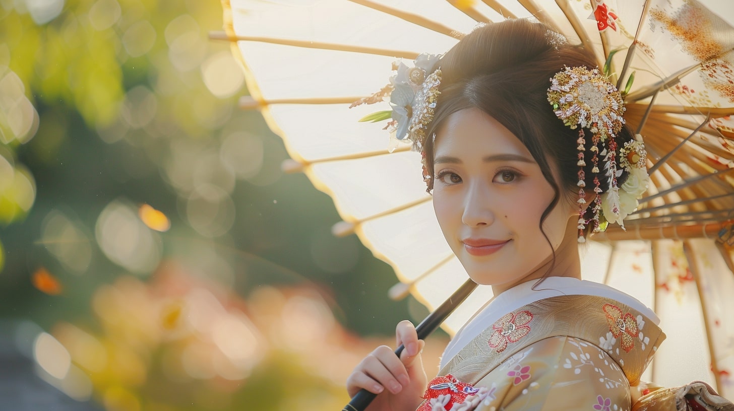 Bride wearing a traditional Japanese kimono at a serene garden wedding in Kyoto, Japan, a wedding dress idea for destination weddings