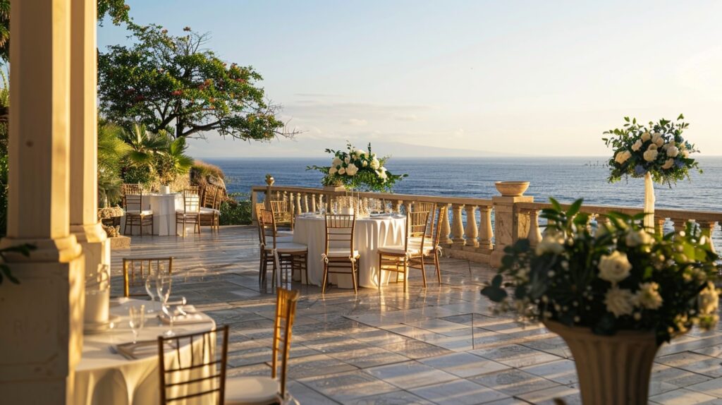 Coastal villa terrace overlooking the ocean set up for a wedding at a private home wedding venue.