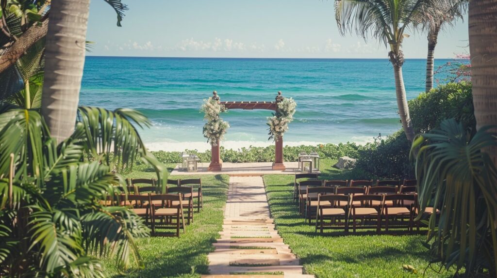 Beachside home backyard facing the ocean with a wedding altar at a private home wedding venue.