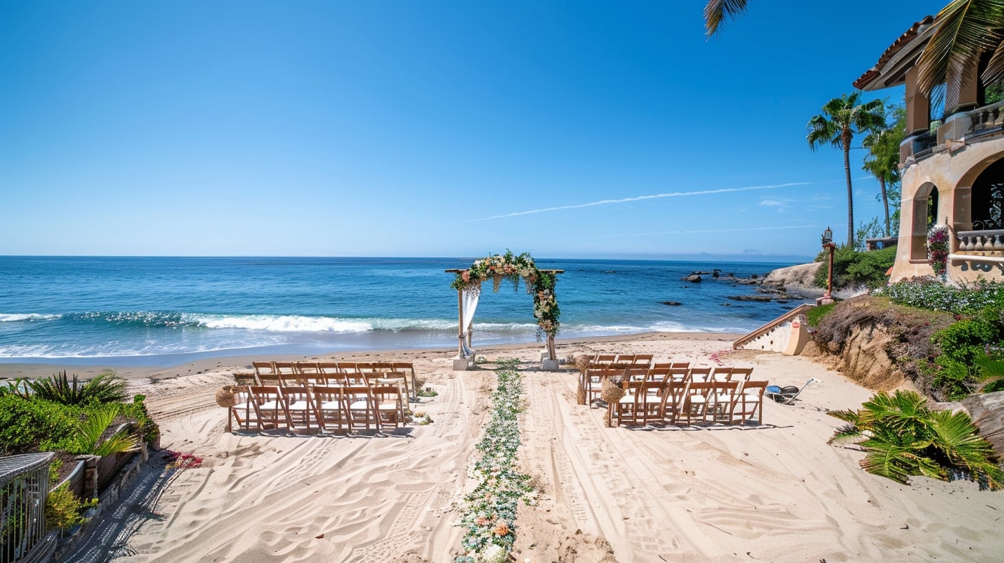 Beachfront house with an ocean view setup for a wedding at a private home wedding venue.