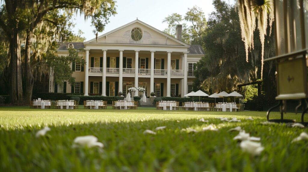 A wedding at the historic William Aiken House in Charleston, showcasing the grand mansion, lush gardens, and guests celebrating in a beautifully lit, private home wedding venue across the country.