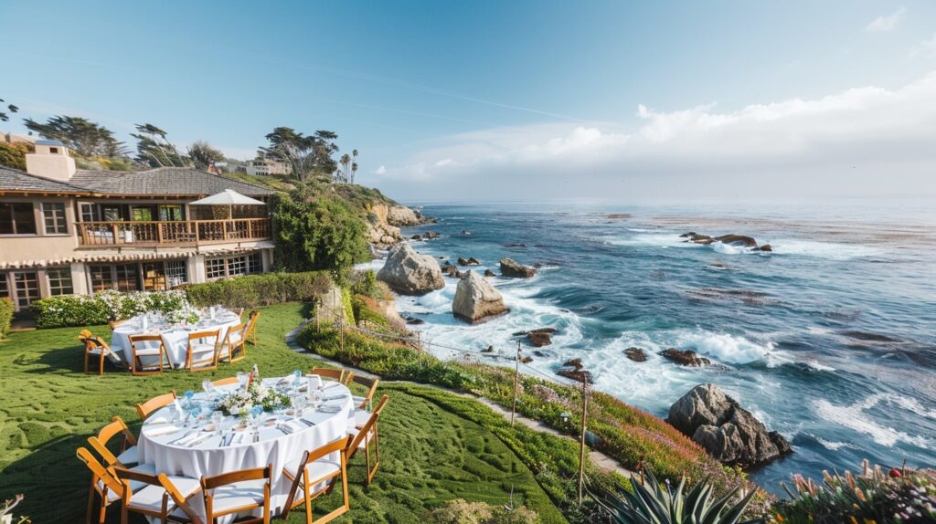 West Coast cliffside home with an ocean view wedding setup at a private home wedding venue across the country.