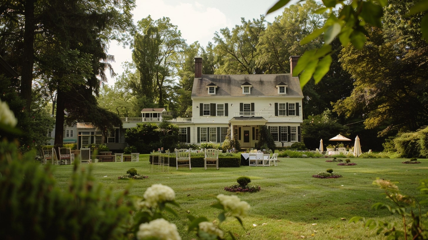 New England estate with a beautiful wedding setup at a private home wedding venue across the country.