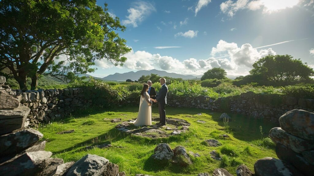 Handfasting ceremony at an ancient Celtic site in County Kerry with a beautiful natural backdrop, an ideal Ireland destination wedding