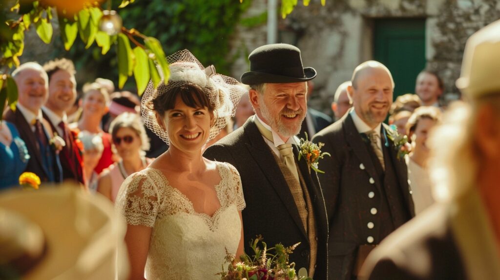 A traditional Irish wedding with smiling guests, bells ringing, and folklore blessings in a sunlit village in Ireland.