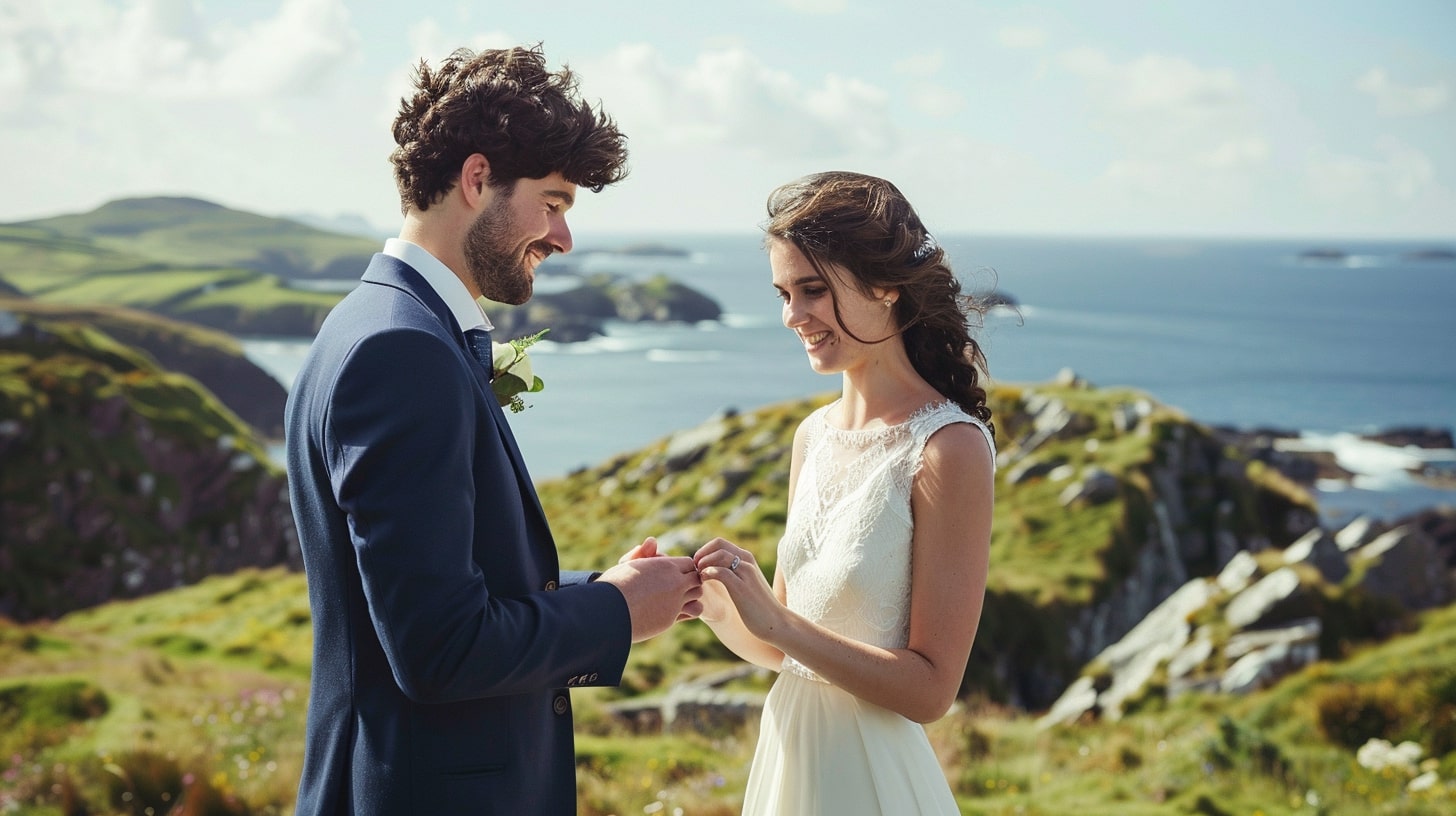 A couple exchanging Claddagh rings in a bright, romantic ceremony in Galway, Ireland, with scenic coastal views.