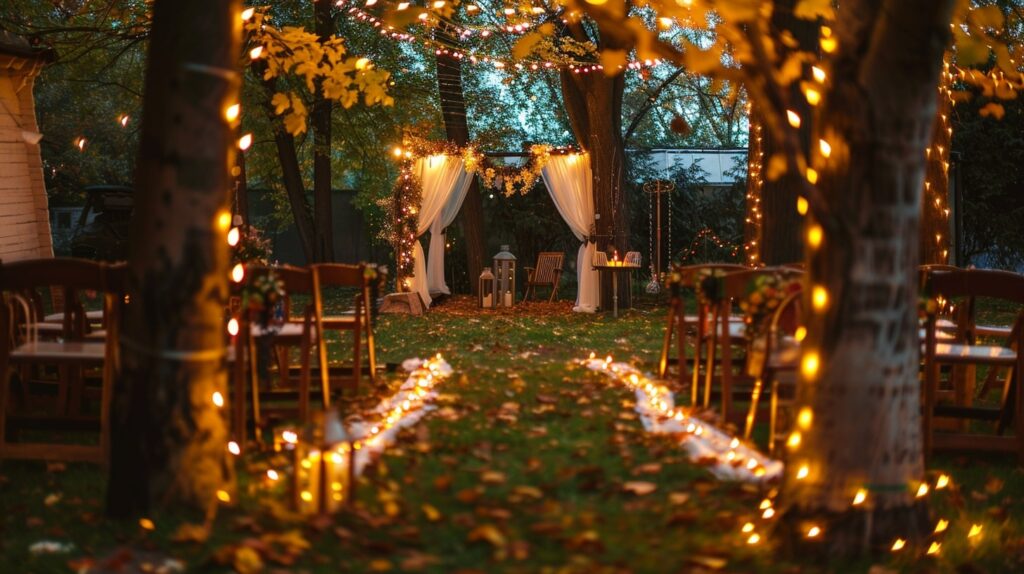Backyard wedding setup with a decorated arch and fairy lights for transforming your home into a private wedding venue.