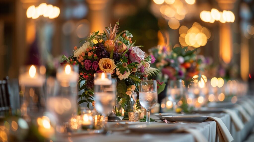 Dining area turned into a reception venue with floral centerpieces and candles for a private home wedding.