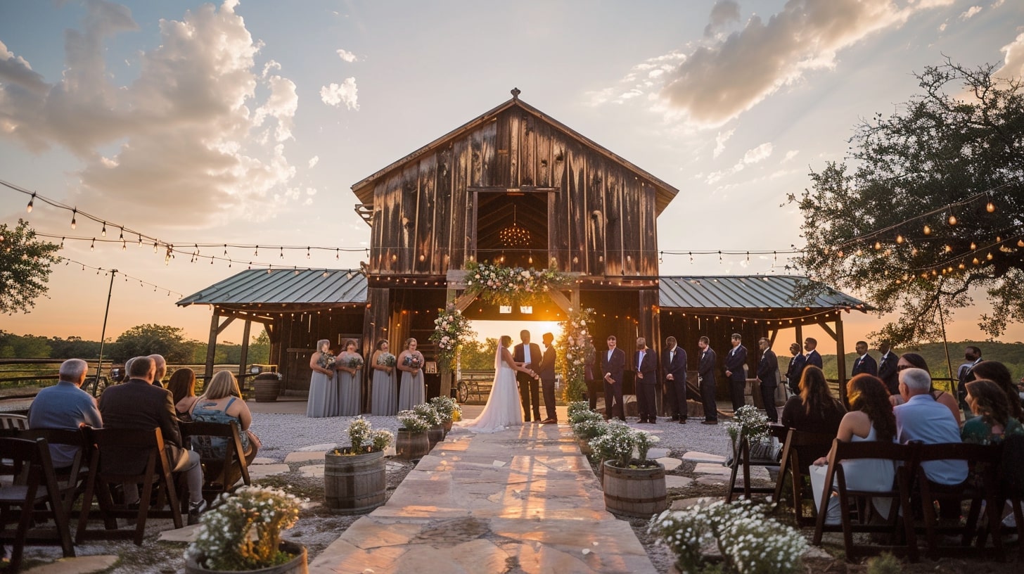 Rustic barn wedding in Fredericksburg, Texas, with wildflowers, wooden decor, and Hill Country views